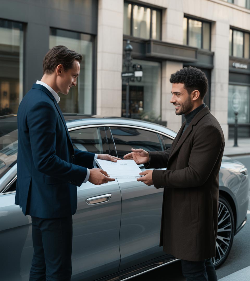 Zwei Männer übergeben Unterlagen neben einem geparkten Auto in Schleswig